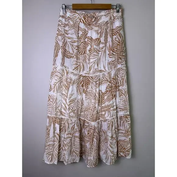 Nanette Lepore White Brown Leaf Print Tiered Midi Skirt Rayon Blend Size L - Picture 2 of 5